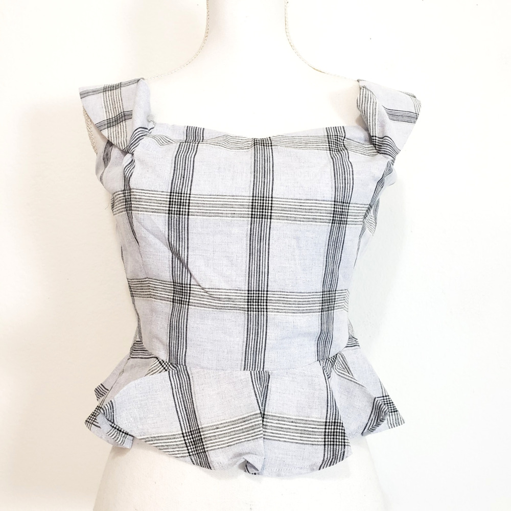 NEW!! Chriselle X J.O.A. SIZE M Off The Shoulder Plaid Gray Blue Blouse Top
